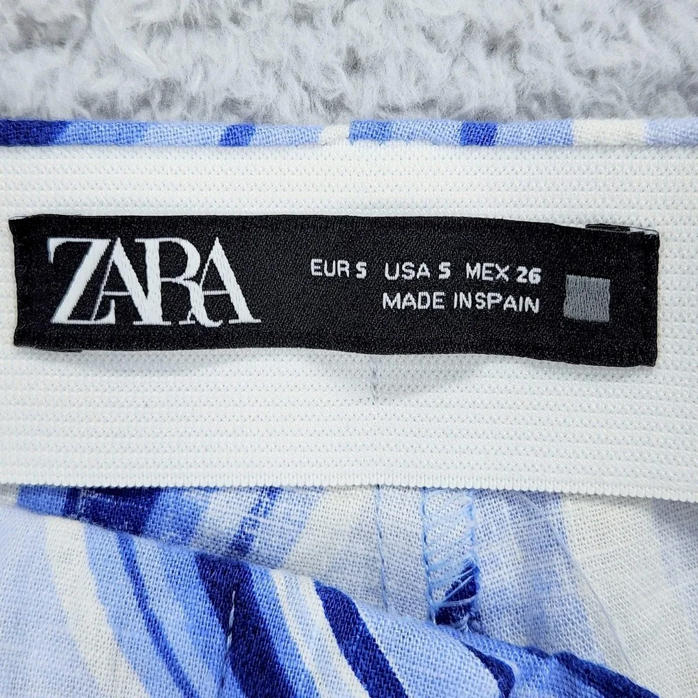 ZARA Womens Linen Blend Pants Sz S Split Hem Blue White Swirl Print Retro Wide